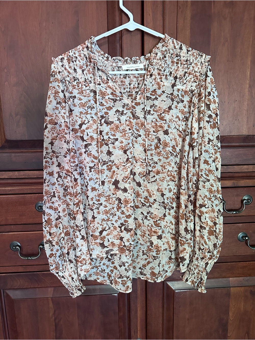 Women's Floral Peasant Blouse - Cream & Brown